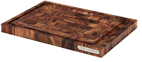 Continenta Tranchierbrett aus Akazien Stirnholz, mit Saftrille, Schneidebrett in Edel Qualität, mit Metall Emblem, Größe: 36,5 x 25 x 2,8 cm