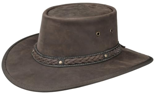 Barmah Squashy Bronco Läderhatt Herrar - Made in Australia flätat band läder outdoorhatt med läderband, kantband Sommar-Vinter Vår Sommar Höst Vinter - S (54-55 cm) brun