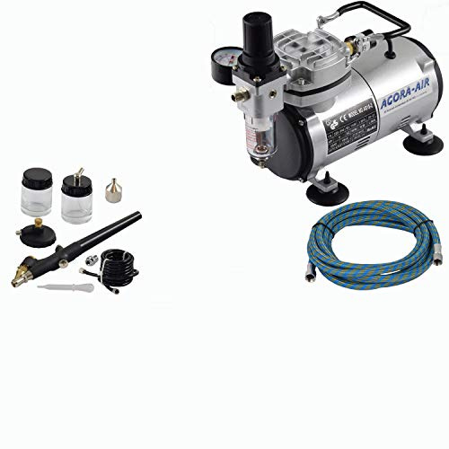 Agora-Tec® Airbrush Komplett-Set EXPERT I, inkl. Kompressor mit 4 bar und 20l/min + 1 Stück Airbrushpistole mit 0,8mm Nadel und Düse + 1 Schlauch + Adapter
