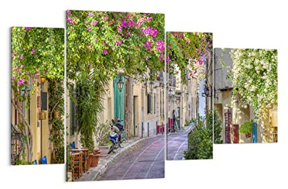 Bilder auf Leinwand Straße dekoration blumen griechenland Leinwandbild 120x70cm Wandbilder Dekoration Wohnzimmer Schlafzimmer Set 4 teilige Groß Wanddeko Bild Wand Kunstdruck Art Canvas DL120x70-2429