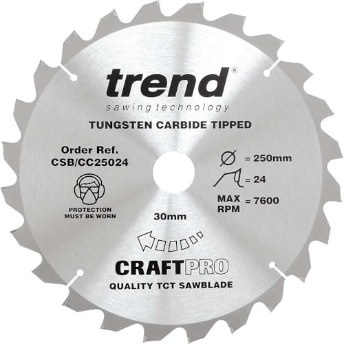 Trend Wood Mitre Saw Blade, 250mm Diameter, 30mm Bore, 24 Teeth, 3mm Kerf, -5° Hook, TCT, Coarse Finish, CSB/CC25024
