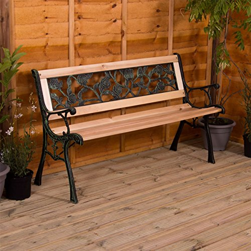Garden Vida Banc de jardin, motif rose, 3 places, meuble d’extérieur, lattes en bois et pieds en fonte, pour parc et patio