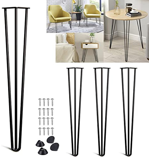 DICN Hairpin Legs 71cm Black 28 Inch Steel Industrial Mid Century Modern Style, 10mm Thickness 3 Pin, Pre-Drill Holes, Dining Desk Tables Furniture Legs DIY Project, 4PCS