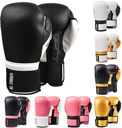 MAXSTRENGTH Rosa boxning, handskar 6,7 uns, 8,1 uns, 12,5 uns, 14 oz, 16 oz sparring träning damer kickboxing punch bag handskar muay thai rex läderutrustningar. (svart/vit (8 oz))
