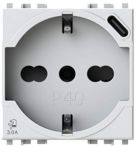 P40 USB3.0 Schuko Typ P40 Steckdose mit eingebautem 3Amp USB Netzteil mit Typ C Stecker Kompatibel mit Vimar Arkè Weiß