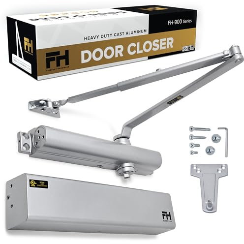 Heavy Duty Commercial Door Closer, Surface Mounted, BHMA Grade 1, Cast Iron, UL Listed, Non-Handed, Automatic Door Closers with Hydraulic Hinge, Regular Arm Parallel Arm Shoe (Aluminum Finish)