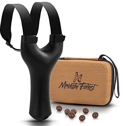 MAJESTY FOREST® Profi Steinschleuder Set - Schleuder Zwille für Sport und Outdoor - Slingshot Bundle mit Tasche, 150 Tonkugeln, Ersatzgummiband und E-Book