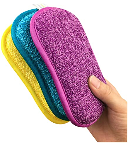 Spugne abrasive 3 pezzi, spugne da cucina in microfibra spugne a doppio lato spugne abrasive, lavabili per il riutilizzo