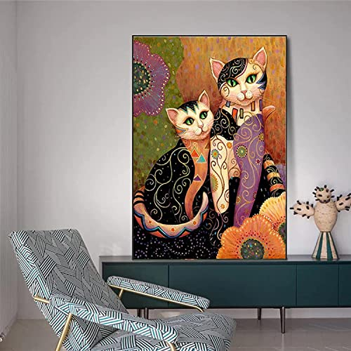 Pei-wall art Kunstwerk Gemälde 40 x 60 cm Rahmenlos Gustav Klimt Katze Leinwand Gemälde berühmten abstrakten Tierdruck Poster Vintage Bild geeignet für Wohnzimmerdekoration