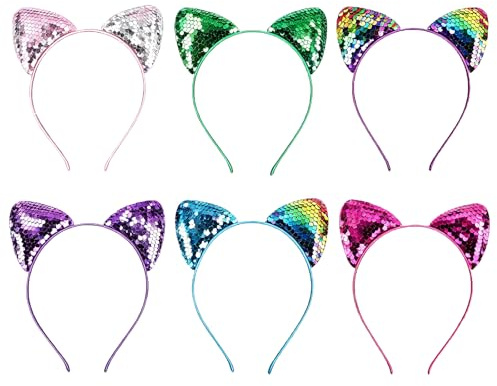 6 Stück wendbare Pailletten Katzenohren Stirnband Haarbänder Hoops Cosplay Requisiten Haarschmuck für Frauen Mädchen Kinder Mehrfarbig