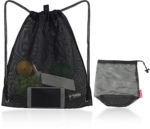 PFLYPF Netzrucksack mit Kordelzug und Netzbeutel mit Kordelzug, Rucksack mit verstellbarem Riemen, Strand-Netz-Aufbewahrungstasche (schwarz)