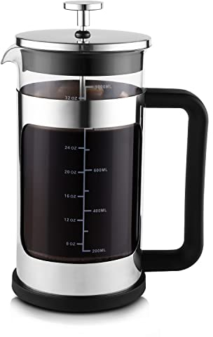 wedrink Prensa francesa de acero inoxidable, 1L disponible en 2 tamaños, filtro de prensa francesa para café o té, carcasa de acero inoxidable y recipiente de vidrio de borosilicato