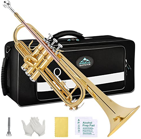 EASTROCK Bb Trompete Standard Set mit Hartschale, GOLD/Phosphorkupfer | Tragetasche, Handschuhe, 7C Trompete Mundstück, Tuning Rod, Musikinstrumenten für Anfänger oder Erwachsene erfahrene