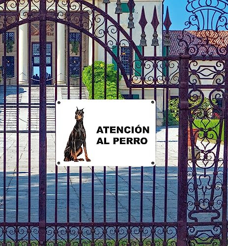 Phonecasing - Señal de atención al perro de aluminio de 3 mm compuesto en español (30 cm x 20 cm, Dobermann)