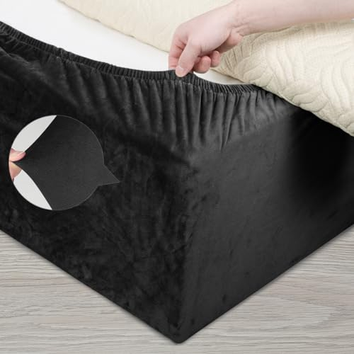 DUJUIKE Divan Bed Base Wrap Cover, Velvet Bed Frame Cover, Fully Elastic Around The Base Of Your Bed, Easy to Install, Alternative to Traditional Valance Sheet Skirt Cover (Double:150-160cm, Black)