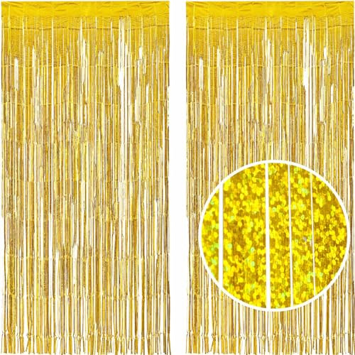 LUXURALS Lametta Vorhang Gold mit Glitzer, 2 Stück 1x2m, Party Vorhang oder Fotohintergrund für Partys Glitzervorhang Lametta Gold Folien Fransen Babyshowerparty Deko Babyparty Baby Shower Deko