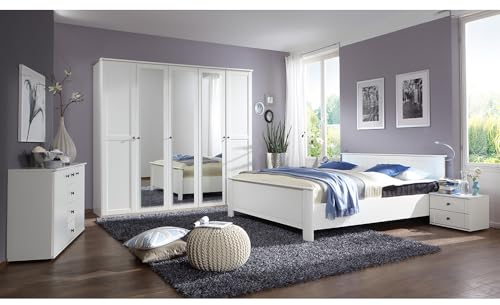 Lomadox Schlafzimmer Set 5-teilig mit Bett 160x200, 2 Nachttische, Kleiderschrank, Kommode, Spiegel in weiß