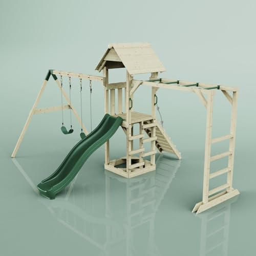 Rebo Klettergerüst aus Holz mit Wellenrutsche | Outdoor Spielturm mit Doppel-Kinderschaukel, Hangelstangen, Plattform und Kletterseil