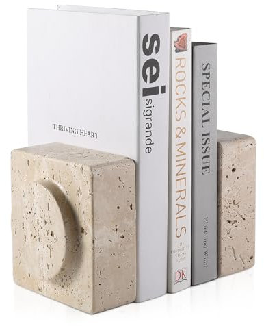 Koville Quadratische Buchstützen aus Marmor, robuste Buchhalter, Buchstützen für Regale, Büro-Bücherregal-Dekoration für CDs/Videospiele (Travertino Romano)