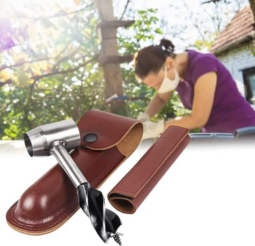 Multifunktionales Survival-Siedler-Werkzeug, Handschneckenschlüssel, Holzbohrer, Heringe und manueller Lochmacher, Multitool mit Ledertasche, Camping, Braun, für Camping, Outdoor, Wandern,