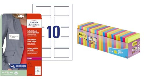 AVERY Zweckform L4785-20 Namensetiketten & Post-it Super Sticky Notes, Packung mit 24 Blöcken, 90 Blatt pro Block