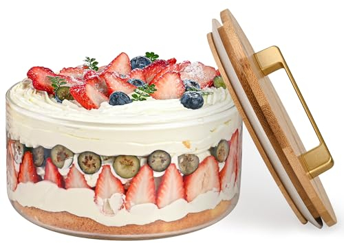 YUBAMIN Trifle Bowl Glass, 8inch Large Trifle Bowl with Lid, Clear Glass Salad Bowl Serving Bowl for Laying Ice Cream Cakes, Cupcake, Salad, Fruit, Microwave & Dishwasher Safe