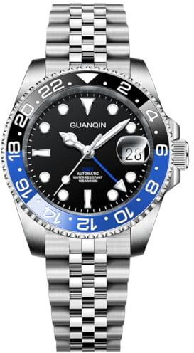 TYBERLEY GUANQIN Herren Automatik GMT Uhrwerk NH34 Edelstahl Synthetik Saphir Wasserdicht Leuchtzeiger Uhr mit Automatikaufzug
