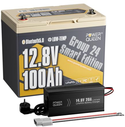 Power Queen 12,8V 100Ah Lithium Batterie mit 14,6V 20A Ladegerät Bundle | Group 24, 100A BMS, Max. 15000 Zyklen, Low-Temp Cut-Off, 1280Wh Energie, für Boote, Solaranlagen, Off-Grid