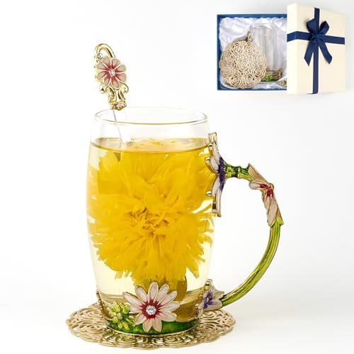Flower Tea Cup ,Daisy Flower Clear Glass Fancy Coffee Mug with Spoon,Gift Box for Her Mom Wife Grandma Girls Friends Valentines Christmas Birthday Present Idea for Juice,Hot And Cold Drinks Use