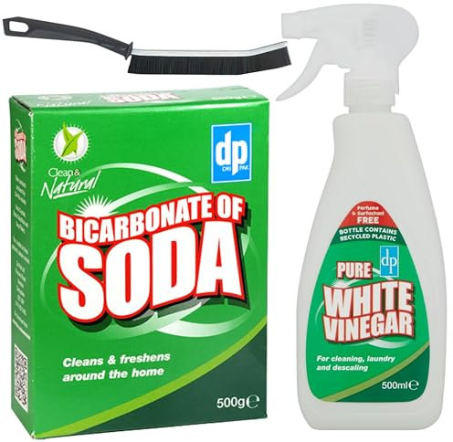Bicarbonate of Soda for Cleaning 500g (Baking soda for cleaning) with White Vinegar Spray 500 ml and Glameno Crevice Brush