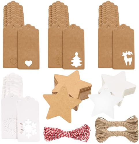 HVIERO Geschenkanhänger Weihnachten, 150 Stück Geschenkanhänger Kraftpapier und 30m Schnur, Anhänger Weihnachten für Weihnachtsgeschenke Dekoration Hochzeit Geburtstag Handmade Label