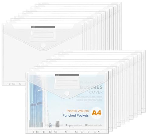 NOTEZMATE Plastic Wallets A4 Punched Pockets,20 Pack Clear Plastic Folders,Waterproof A4 Polly Pockets 11 Hole Reinforcers Fit 2/3/4 Ring Binders Folders Suitable for Office Stationery Supplies