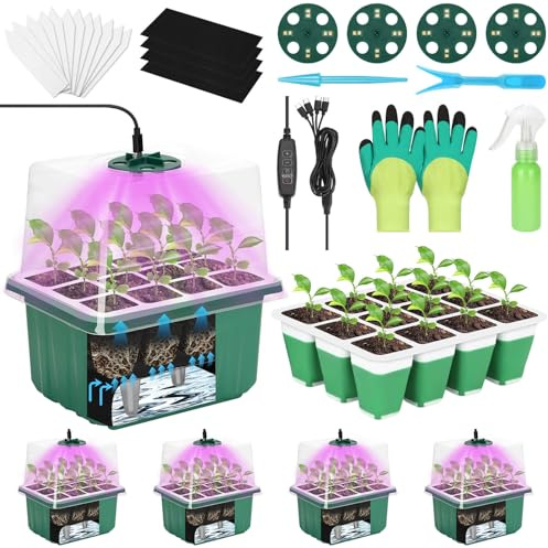 Mckanti 4 Set Self-Watering Seed Starter Tray Kits with Grow Light, Reusable Seed Germination Kit with Adjustable Humidity Domes and Silicone Cell Base Tray for Indoor Plant Seed Germination