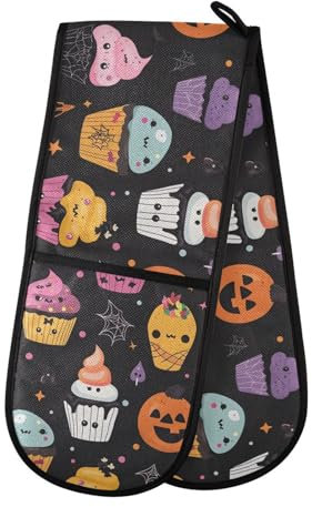 Gants de four doubles pour gâteau d'Halloween citrouille Noir Maniques résistants à la chaleur matelassés pour barbecue, pâtisserie, cuisine
