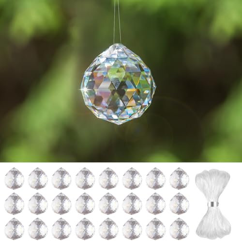 WYYFXY® 24 Stück Kristalle zum Aufhängen, 20mm Suncatcher Crystal Sonnenfänger Kristall Prisma Lichtfänger mit 10m Kristallfaden für Haus Fenster Möbel Dekoration Urlaub Party