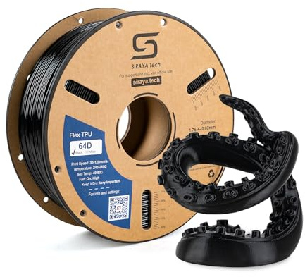 Siraya Tech Flex TPU 64D 3D Drucker Filament (Schwarz, 1kg) | ISO-10993-geprüft, Shore 64D, leistungsstark elastisch, verschleiß- und abriebfest, langlebig, zäh und leicht druckbar