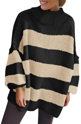 Saodimallsu Womens Oversized Striped Sweater Mock Neck Chunky Knit Lantern Long Sleeve Fall Trendy Tunic Sweaters Top Black