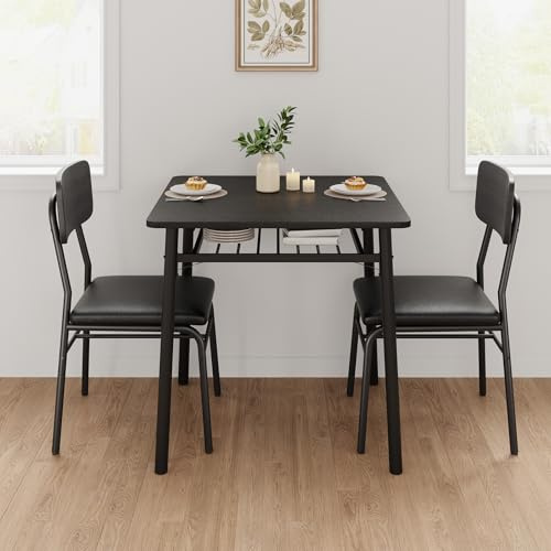IDEALHOUSE Small Dining Table Set for 2, 3-Piece Dining Set with Storage Rack, Wood Kitchen Table with Upholstered Chairs, Square Table Set with Metal Legs Support, for Dining Room, Living Room, Black