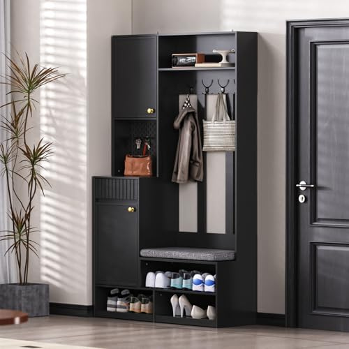 Garderoben-Set mit 4 Kleiderhaken, Flurgarderobe Set mit Schubladen und Türen, Kompaktgarderobe mit Schuhbank und Spiegel, Kleiderschrank-Set für Flure, 100x35x180cm, Schwarz (Schwarz und Gold)