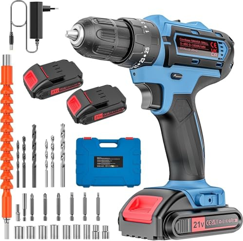 Trapano Avvitatore 21V con 2 Batterie & 24 Accessori, 3 in 1 (Avvitare/Forare/Perforare a Percussione), 25+3 Coppie, 2 Velocità, LED – Ideale per Casa e Montaggio Mobili