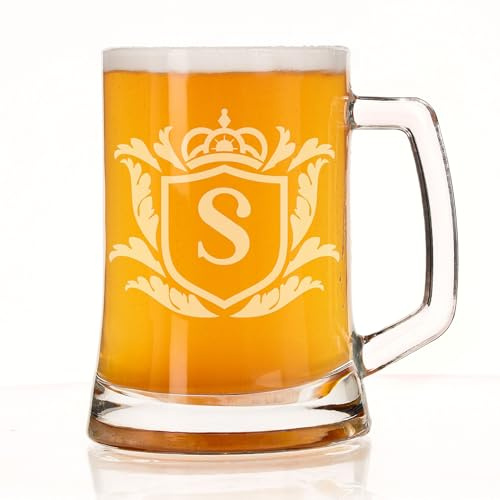 Personalised Beer Stein Shield Monogram – Engraved Shield Initial Monogram Glass Beer Mug with Handle Gift for Beer Lovers, Dad, Him – Birthday, Christmas, Retirement Gift Letter S