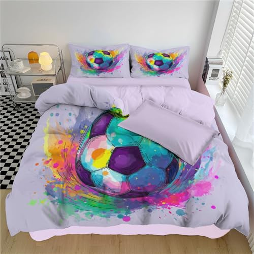 Housse De Couette Ballon Football Éclaboussé D'Encre 200X200 Adulte Enfant Motif Graffiti Arc-En-Ciel Parure De Lit 1 Person Avec Fermeture, Taie D'Oreiller, Douce Linge De Lit Microfibre, Violet