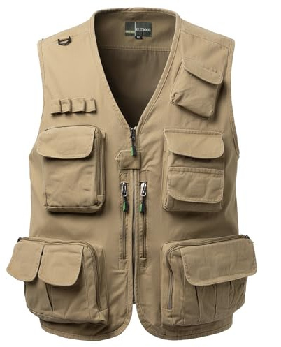 Yukirtiq Chaleco de Caza para Hombre Chaqueta Safari Sin Mangas Multibolsillos Chaleco de Pesca Trabajo, Caqui, L