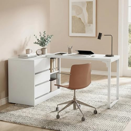Lailang 160 cm Schreibtisch mit Regal und Schubladen, L Shaped Computer Desk, Gaming Tisch Weiß, Home Office Furniture, Platzsparende Schreibtische, 160 x 70 x 75 cm, Holz