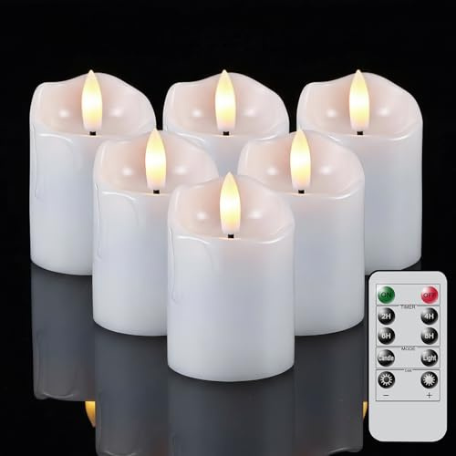 Eldnacele LED Kerzen mit Fernbedienung und Timer, Echtwachs, 6er Set | elektrische Votivkerzen, flammenlose Kerzen, flackernde 3D-Flamme, dimmbar, Weiß, Wachsrand-Optik, Hochzeit, Weihnachten
