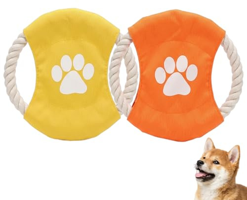 InekoAgua 2-Pack Dog Frisbee Toys, Durable Cotton Rope Flyer Disc Set for Boredom, Soft Braided Ring Dental Care Interactive Fetch & Tug Pack for Small to Medium Dogs - Orange & Yellow