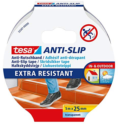 tesa Cinta Antideslizante, Cinta Adhesiva Antideslizante para Interiores y Exteriores, adecuado para Escalones, Rampas y Suelos Resbaladizos, Transparente, 5 m x 25 mm