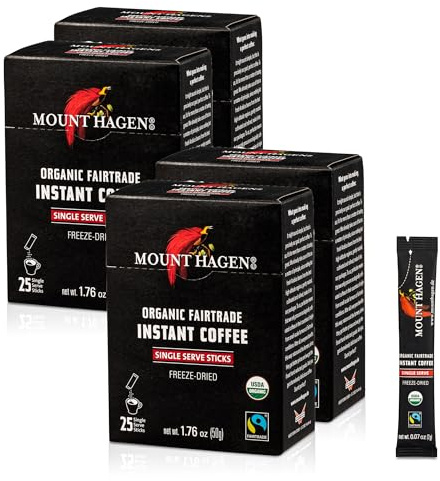 Mount Hagen 25 Count Single Serve Instant Coffee Packets - 4 Pack | Organic Medium Roast Arabica Beans | Eco-friendly, Fair-Trade [4 x 25 sticks/1.76oz/50g]