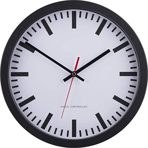 Eurotime Funkwanduhr, 30 cm, Kunststoffgehäuse Schwarz, Echtglas, klares Bahnhofszifferblatt, automatische Zeitein- und Zeitumstellung von Sommer- und Winterzeit, rote Sekunde, 53830-05