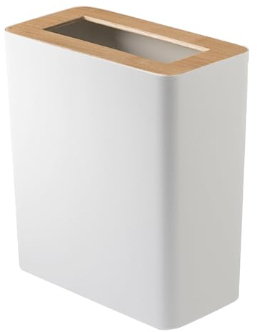 Yamazaki 3196 RIN Mülleimer 10L, rechteckig, weiß, Stahl/Holz, Minimalistisches Design, 28 x 15 x 30 cm (LxBxH)